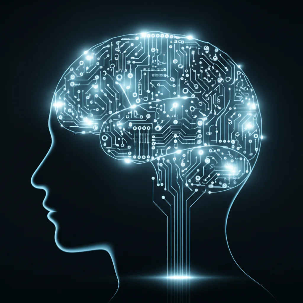 Un'immagine concettuale di un cervello umano stilizzato che si fonde con circuiti digitali luminosi, a simboleggiare l'integrazione dell'intelligenza artificiale nei processi decisionali delle risorse umane in un contesto di istituzione pubblica, prime lens, 50mm, depth of field, duotone blu e argento, illuminazione soffusa per un'atmosfera futuristica ma ponderata.