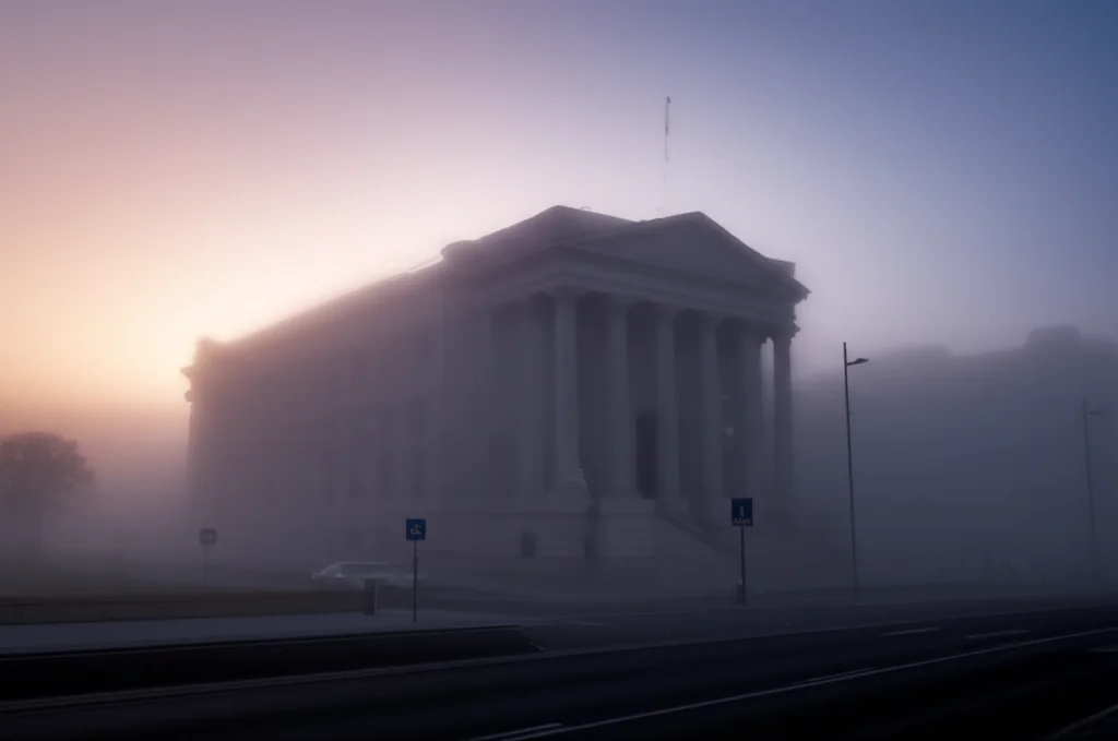A bank building partially obscured by mist at dawn or dusk, wide-angle landscape 24mm, sharp focus, long exposure