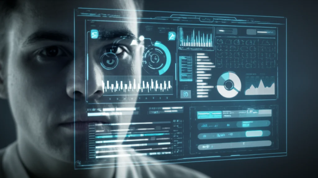 A person looking at a futuristic health interface showing predictive data, 35mm portrait, blue and grey duotones, depth of field.