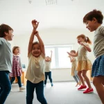 Fotografia grandangolare di una luminosa aula di scuola primaria con bambini di circa 6-7 anni impegnati gioiosamente in un'attività di movimento guidata dall'insegnante. Alcuni bambini saltellano, altri imitano animali. Luce naturale dalle finestre, obiettivo grandangolare 24mm per catturare l'intera scena, messa a fuoco nitida sui bambini in primo piano.