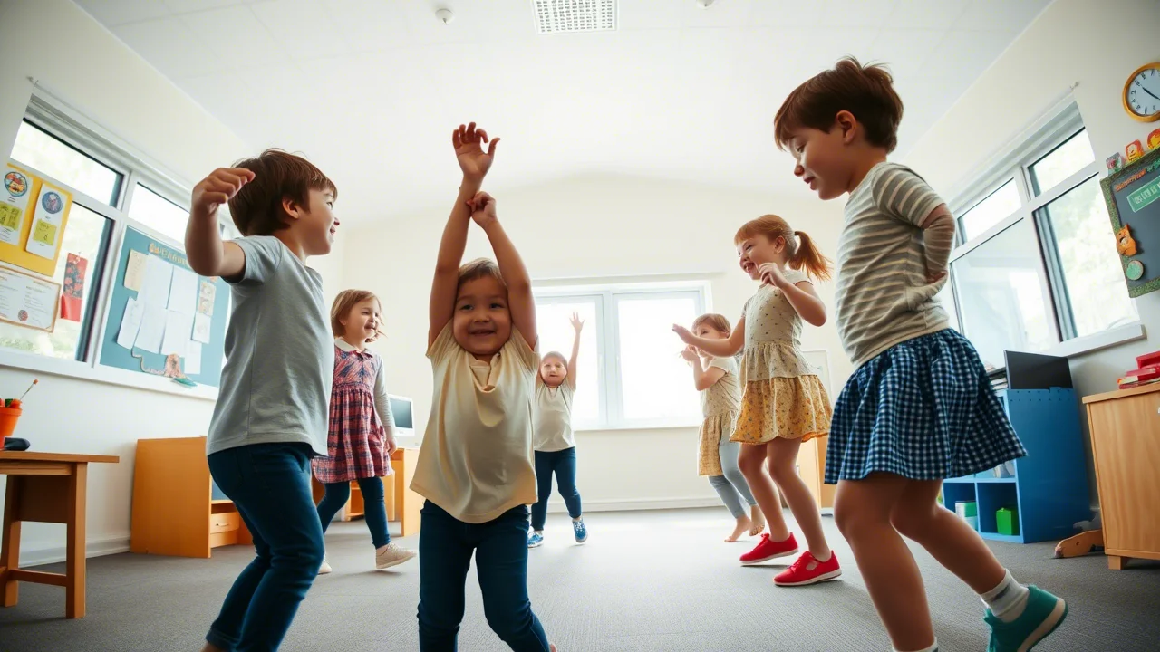 Fotografia grandangolare di una luminosa aula di scuola primaria con bambini di circa 6-7 anni impegnati gioiosamente in un'attività di movimento guidata dall'insegnante. Alcuni bambini saltellano, altri imitano animali. Luce naturale dalle finestre, obiettivo grandangolare 24mm per catturare l'intera scena, messa a fuoco nitida sui bambini in primo piano.