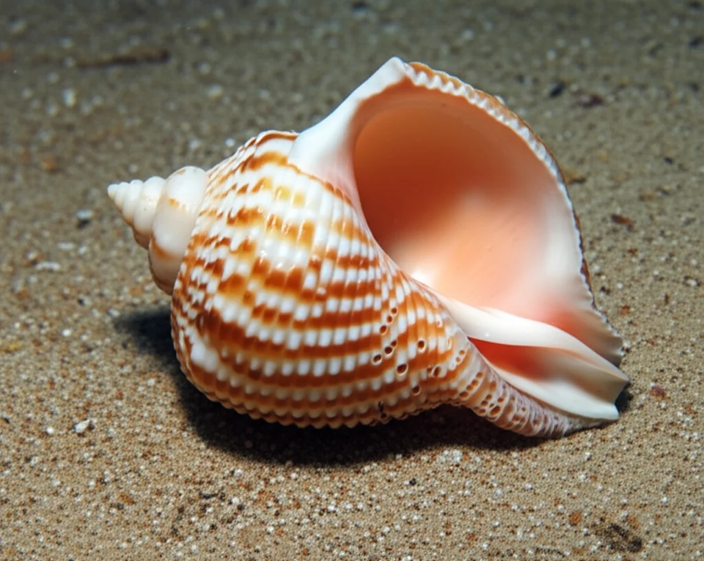 Fotografia macro estremamente dettagliata di una conchiglia 'watering-pot shell' (Verpa penis) che emerge parzialmente da un sedimento sabbioso umido. La 'rosa' perforata alla base è visibile. Illuminazione laterale controllata per esaltare le texture e i dettagli minuti della conchiglia e del sedimento. Obiettivo macro 90mm, alta definizione, messa a fuoco precisa.