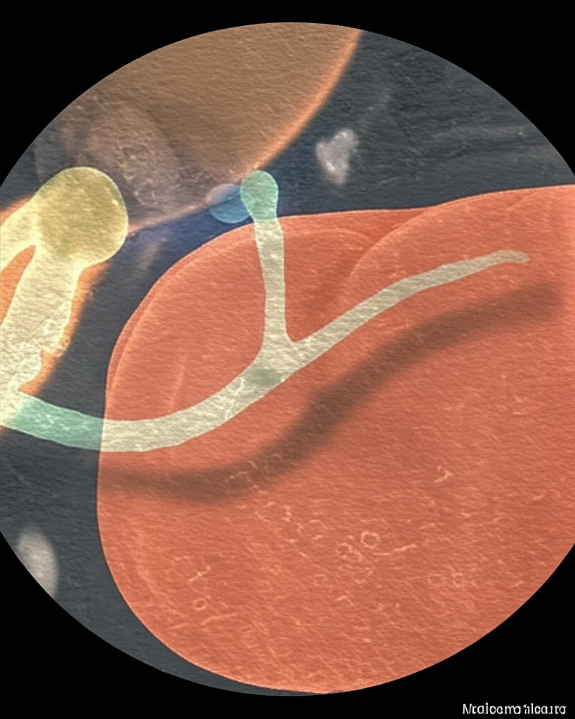 High detail medical scan showing a pancreatic tumor, macro lens, 100mm, precise focusing, controlled lighting.