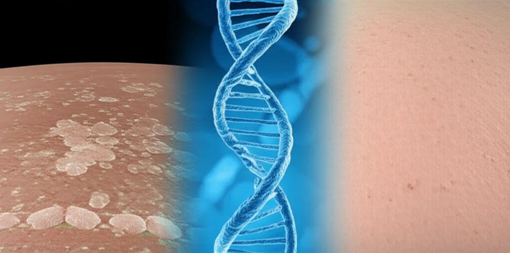 Immagine concettuale che mostra cellule della pelle con psoriasi da un lato e una rappresentazione astratta di cellule sane dall'altro, separate da una doppia elica di DNA luminosa. Obiettivo macro 100mm, illuminazione da studio controllata, alta definizione, per simboleggiare l'indagine genetica sul legame tra psoriasi e salute.