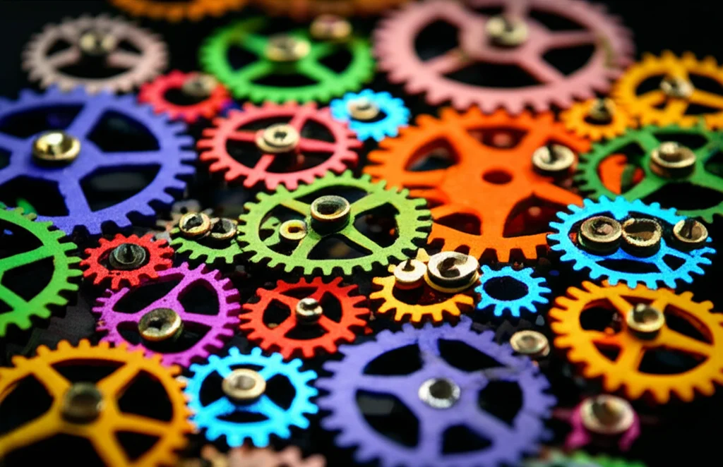 Immagine concettuale che rappresenta la complessità della misurazione dello sviluppo comunicativo in bambini autistici: una serie di ingranaggi colorati e interconnessi di diverse dimensioni, alcuni luminosi e altri più opachi, a simboleggiare le diverse misure e la loro variabile sensibilità. Obiettivo macro da 90mm, alta definizione, illuminazione da studio per enfatizzare texture e colori.