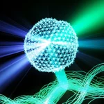 Immagine concettuale di un singolo organocatalizzatore, rappresentato come una particella sferica luminosa e complessa, che interagisce dinamicamente con una catena polimerica di plastica, simboleggiando la sua rottura sotto l'effetto di luce visibile (raggi di luce stilizzati). Lo sfondo è scuro per enfatizzare la luminescenza del processo e la trasformazione. Obiettivo macro 90mm, alta definizione, illuminazione drammatica e artistica, profondità di campo ridotta per focalizzare sull'interazione catalizzatore-polimero.