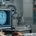 Immagine fotorealistica di un tecnico di radioterapia che esamina attentamente un'immagine TC del cervello su un monitor ad alta risoluzione, con accanto un fantoccio equivalente al tessuto cerebrale. L'ambiente è un moderno laboratorio di fisica medica. Obiettivo prime da 35mm, profondità di campo per mettere a fuoco il tecnico e lo schermo, con il fantoccio leggermente sfocato sullo sfondo. Illuminazione da studio che crea un'atmosfera professionale e high-tech.