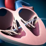Primo piano di un cuore umano anatomico con una luce che evidenzia l'atrio e un sottile catetere che si avvicina a un difetto del setto interatriale, sfondo scuro, illuminazione drammatica, obiettivo macro 100mm, alta definizione, concetto di intervento cardiaco mininvasivo.
