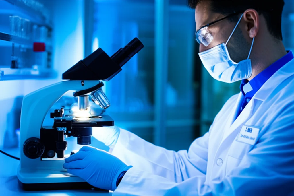 Primo piano di un ricercatore in camice bianco che osserva attentamente al microscopio un campione di linfonodo metastatico, illuminato da una luce fredda da laboratorio. L'immagine è scattata con un obiettivo macro da 100mm per enfatizzare l'alta definizione dei dettagli del campione e la concentrazione del ricercatore, simboleggiando l'ottimizzazione della terapia con carboplatino tramite LDDS.