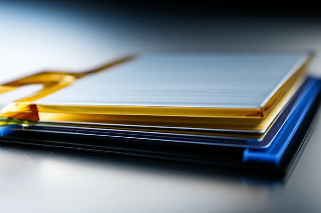 Primo piano di una batteria allo stato solido di nuova generazione prodotta con processo di co-rolling, con dettagli visibili dell'interfaccia strettamente coesa tra elettrolita solido ed elettrodo, illuminazione da studio per enfatizzare la tecnologia avanzata, obiettivo macro 70mm, alta definizione e texture dei materiali.