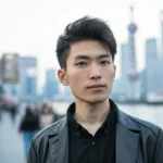 Ritratto fotografico di un giovane adulto cinese in un contesto urbano dinamico di Shanghai, espressione riflessiva ma speranzosa, obiettivo 50mm, luce naturale morbida, leggero effetto bokeh sullo sfondo per isolare il soggetto, simboleggia la ricerca di significato e benessere mentale nella vita moderna.