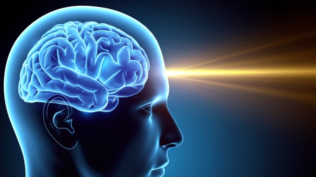 Un cervello umano stilizzato, con aree illuminate in blu e altre più scure che rappresentano i percorsi trascrittomici attivi e disattivati nell'emicrania senza aura. Un fascio di luce dorata punta su un'area specifica, simboleggiando la scoperta di nuovi target terapeutici e la speranza. Fotografia concettuale, obiettivo prime 35mm, profondità di campo per mettere a fuoco il cervello e sfocare leggermente lo sfondo, duotone blu e oro per un effetto scientifico ma speranzoso.