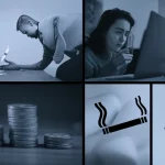Un collage di immagini che rappresentano diversi comportamenti a rischio (fumo, cibo spazzatura, sedentarietà) sovrapposti a simboli di status socio-economico (monete, case di lusso vs. modeste). Il tutto con un filtro duotone blu e grigio per un effetto drammatico. Obiettivo 35mm, profondità di campo.