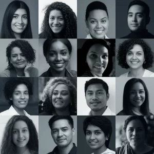 Un collage di volti sorridenti e pensierosi di persone di origine dominicana, portoricana e sudamericana, che simboleggia la diversità e le sfumature della salute mentale all'interno delle comunità Latinx. Prime lens, 35mm, duotone blu e grigio per un tocco artistico ma realistico, profondità di campo.