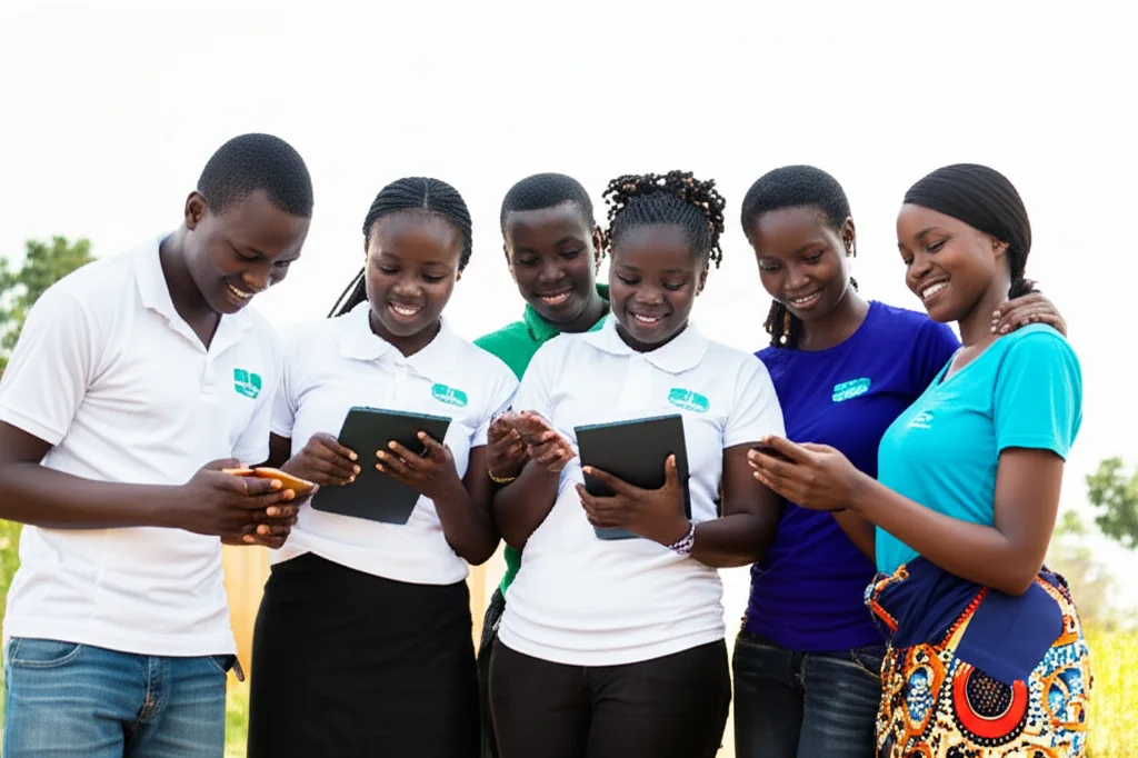 Un gruppo di giovani volontari ruandesi, uomini e donne, che utilizzano smartphone e tablet per coordinarsi durante un'emergenza sanitaria. Alcuni sorridono, mostrando speranza e determinazione. Lo sfondo suggerisce un contesto comunitario africano. Obiettivo da 35mm per un ritratto di gruppo dinamico, luce naturale filtrata, colori vividi ma realistici, profondità di campo media per mantenere a fuoco i soggetti principali e il contesto.