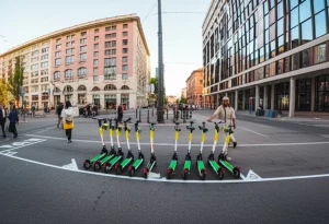 Una panoramica di una moderna città europea con monopattini elettrici condivisi integrati nel tessuto urbano, alcuni in uso su piste ciclabili, altri parcheggiati in aree designate, con un mix di architettura storica e moderna sullo sfondo. Grandangolo, 18mm, luce del tardo pomeriggio, colori vividi, sensazione di mobilità sostenibile.