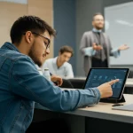 Un'aula universitaria moderna e luminosa, uno studente interagisce con un tablet che mostra grafici di dati e suggerimenti di apprendimento personalizzati, sullo sfondo un docente osserva con approvazione. Illuminazione controllata, obiettivo prime 35mm, profondità di campo, colori vivaci ma realistici.