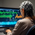 A person wearing an EEG cap, focused on a screen displaying abstract brainwave patterns and text, suggesting a brain-computer interface task. Use a 35mm portrait lens, depth of field, controlled lighting.