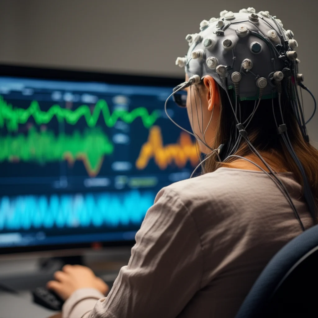 A person wearing an EEG cap, focused on a screen displaying abstract brainwave patterns and text, suggesting a brain-computer interface task. Use a 35mm portrait lens, depth of field, controlled lighting.
