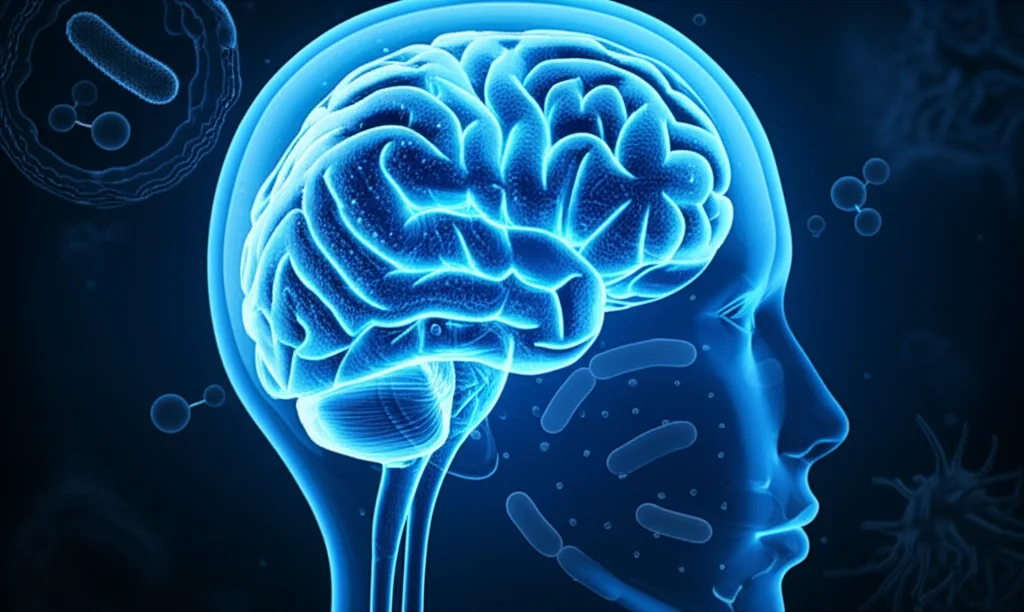 Immagine concettuale di un cervello umano stilizzato e un intestino interconnessi da filamenti luminosi che rappresentano dati neurali e microbiologici. Su uno sfondo blu scuro e tecnologico, si vedono icone di batteri e molecole. Obiettivo prime da 35mm, effetto duotone blu e grigio, profondità di campo per mettere a fuoco la connessione centrale.