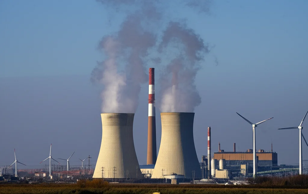 Immagine fotorealistica di ciminiere di una centrale elettrica cinese da cui esce vapore pulito invece di fumo scuro, con sullo sfondo un cielo sereno e turbine eoliche in lontananza, a simboleggiare la transizione energetica. Scatto con teleobiettivo zoom 100mm, luce del tardo pomeriggio, alta definizione, fast shutter speed.