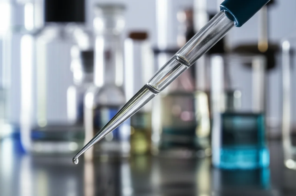 Immagine macro ad alta definizione di una punta di pipetta da laboratorio che rilascia una goccia di liquido trasparente (eluente) su una piccola quantità di materiale sorbente bianco (Celite) precedentemente caricato con un campione di profumo. Sullo sfondo, flaconi di profumo sfocati e strumentazione da laboratorio. Illuminazione da studio precisa, lunghezza focale 90mm, per enfatizzare la miniaturizzazione e la precisione del metodo PT-µSPE.