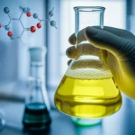 Photorealistic image, 35mm portrait lens, depth of field, depicting a hand holding a flask containing a vibrant culture of engineered yeast, with a background showing abstract molecular structures and laboratory equipment, symbolizing the successful biocatalytic process.