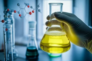 Photorealistic image, 35mm portrait lens, depth of field, depicting a hand holding a flask containing a vibrant culture of engineered yeast, with a background showing abstract molecular structures and laboratory equipment, symbolizing the successful biocatalytic process.
