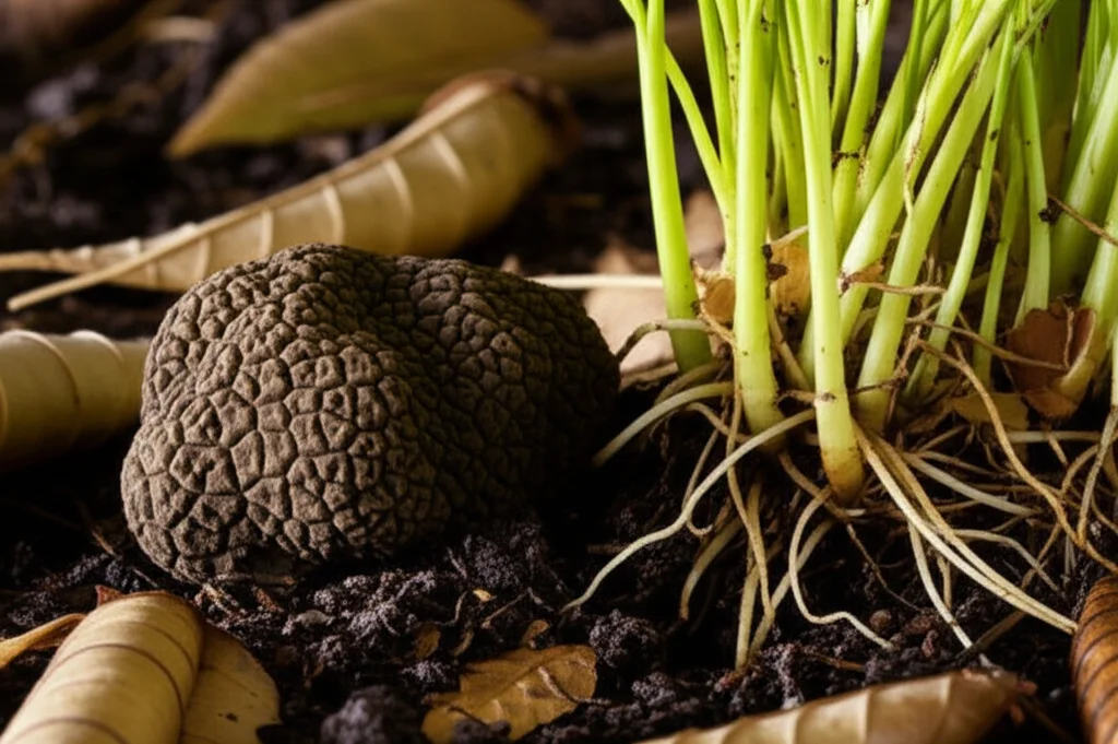 Un tartufo bianco italiano (Tuber magnatum) intero e pregiato, appoggiato su un letto di terra scura e foglie autunnali, con accanto alcune radici sottili di una pianta erbacea. La scena è illuminata lateralmente per creare un effetto drammatico e mettere in risalto la texture del tartufo e la delicatezza delle radici. Obiettivo macro 100mm, alta definizione, luce controllata.