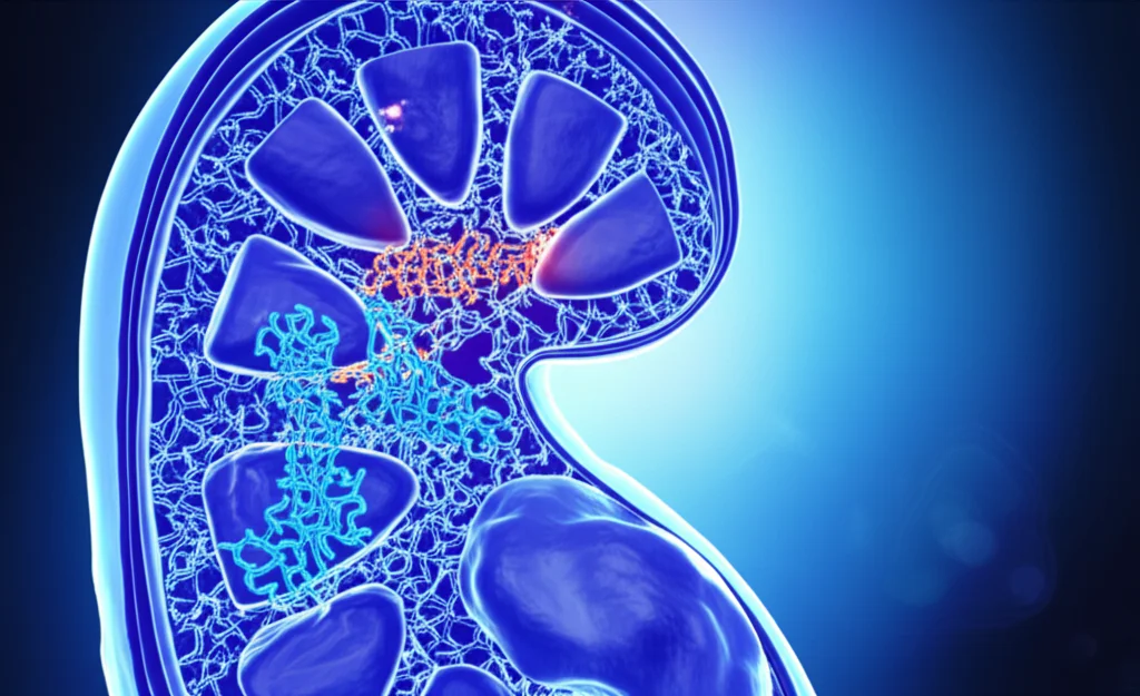 Visualizzazione artistica di un rene umano ingrandito con evidenziate le strutture glomerulari, accanto a una rappresentazione stilizzata dell'ormone della crescita (GH). Sfondo astratto con tonalità blu e viola per evocare un contesto medico-scientifico. Illuminazione drammatica per enfatizzare i dettagli del rene, obiettivo macro 100mm.