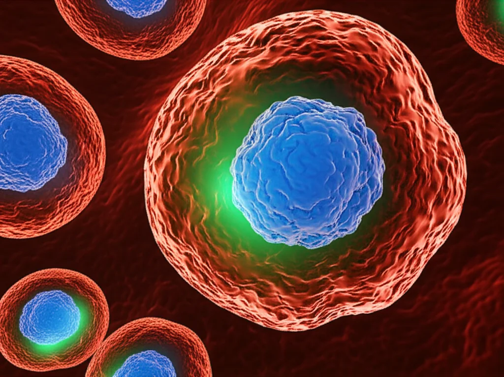Visualizzazione artistica fotorealistica di macrofagi potenziati (con bagliore energetico verde) che attivano cellule T killer (blu) all'interno della struttura complessa di un linfonodo (sfondo scuro e dettagliato), simboleggiando la nuova immunoterapia mirata contro il cancro. Profondità di campo, illuminazione drammatica, obiettivo prime 35mm.