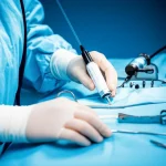 Close-up view of a surgeon's hands using patient-specific instrumentation during total hip arthroplasty, with a laser guide visible in the background. Macro lens, 60mm, high detail, precise focusing, controlled lighting.