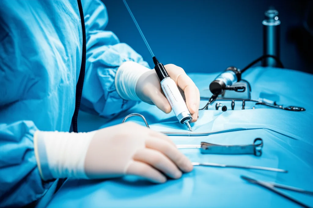 Close-up view of a surgeon's hands using patient-specific instrumentation during total hip arthroplasty, with a laser guide visible in the background. Macro lens, 60mm, high detail, precise focusing, controlled lighting.