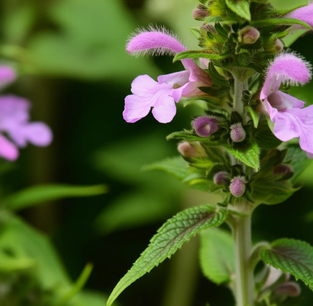 Fotografia macro di un fiore di Leonurus japonicus in piena fioritura, con dettagli nitidi dei petali rosa-violacei e delle foglie verdi brillanti. Luce naturale soffusa che evidenzia la delicatezza della pianta. Obiettivo macro 100mm, alta definizione, messa a fuoco precisa.