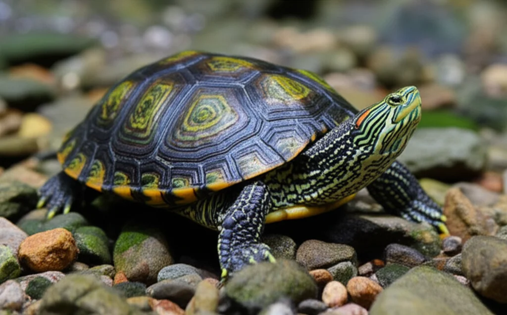 Fotografia naturalistica molto realistica della tartaruga d'acqua dolce Myuchelys georgesi nel suo habitat naturale, il fiume Bellinger, con acqua limpida e rocce. Obiettivo teleobiettivo zoom, 200mm, alta velocità dell'otturatore per catturare il movimento, dettagli nitidi.
