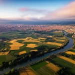 Immagine aerea, wide-angle 20mm, della provincia di Sakarya in Turchia, che mostra il contrasto tra aree urbane in espansione, terreni agricoli e zone forestali residue, con un fiume che serpeggia attraverso il paesaggio, long exposure per nuvole soffici, sharp focus, luce dorata dell'alba.