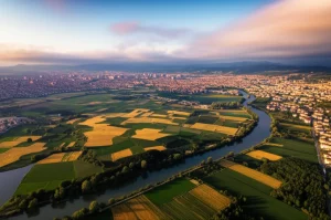 Immagine aerea, wide-angle 20mm, della provincia di Sakarya in Turchia, che mostra il contrasto tra aree urbane in espansione, terreni agricoli e zone forestali residue, con un fiume che serpeggia attraverso il paesaggio, long exposure per nuvole soffici, sharp focus, luce dorata dell'alba.