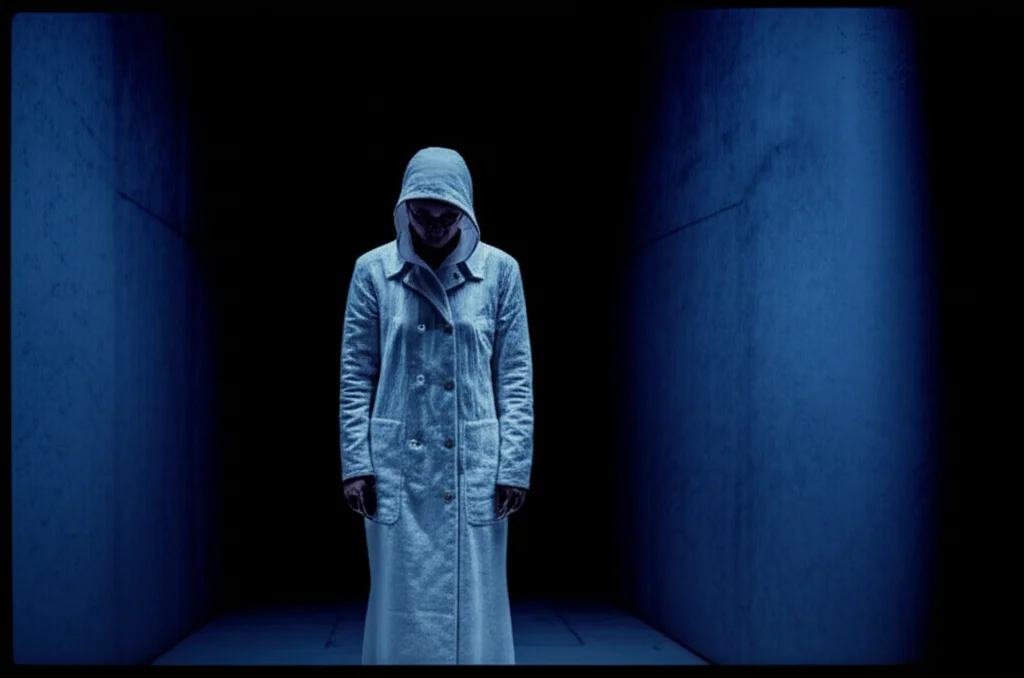 Immagine concettuale che rappresenta lo stigma della solitudine in un paziente con malattia cronica: una figura stilizzata isolata al centro, circondata da ombre sfocate che la giudicano; illuminazione drammatica stile film noir, obiettivo 24mm per enfatizzare l'isolamento, toni duotone blu e grigio.