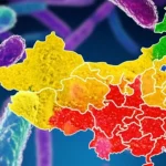 Immagine concettuale di batteri Gram-negativi resistenti ai carbapenemi, visualizzati al microscopio elettronico con un effetto tridimensionale, colori vivaci per distinguerli, su uno sfondo scuro che rappresenta la minaccia. In sovrimpressione, una mappa stilizzata della Cina con aree evidenziate a indicare i tassi di resistenza. Obiettivo macro 105mm, alta definizione, illuminazione drammatica laterale per evidenziare la struttura batterica e creare ombre profonde.