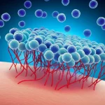 Immagine concettuale di un nanocomposito ETN@Fe7S8 che interagisce dinamicamente con una ferita cutanea, mostrando simultaneamente l'eliminazione di batteri (piccole sfere colorate), la riduzione dell'infiammazione (un alone bluastro calmante) e la promozione della crescita di nuovi vasi sanguigni (sottili linee rosse ramificate). Macro lens, 70mm, high detail, illuminazione controllata per evidenziare la texture del nanomateriale e la pelle in via di guarigione, con un effetto di profondità di campo.
