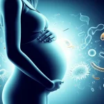 Immagine concettuale di una donna incinta stilizzata, con una luce soffusa che emana dal suo addome, simboleggiante il microbiota intestinale. Attorno a lei, molecole e batteri stilizzati fluttuano, creando un'atmosfera scientifica ma calda. Obiettivo prime 35mm, profondità di campo per mettere a fuoco la figura centrale, duotone blu e oro per un effetto elegante e moderno.
