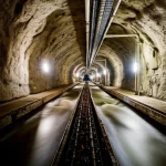 Immagine fotorealistica dell'interno di un tunnel carsico ad alta pressione e ricco d'acqua, che mostra un sistema di drenaggio ottimizzato in funzione. Dettagli dell'acqua che scorre controllata nei canali. Obiettivo prime 35mm, profondità di campo per evidenziare sia il tunnel che il sistema di drenaggio, illuminazione drammatica.