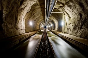 Immagine fotorealistica dell'interno di un tunnel carsico ad alta pressione e ricco d'acqua, che mostra un sistema di drenaggio ottimizzato in funzione. Dettagli dell'acqua che scorre controllata nei canali. Obiettivo prime 35mm, profondità di campo per evidenziare sia il tunnel che il sistema di drenaggio, illuminazione drammatica.