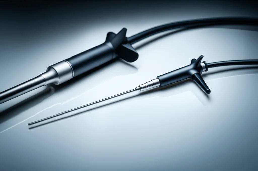 Immagine fotorealistica di due ureteroscopi flessibili monouso, uno più sottile (6.3 Fr) e uno standard (7.5 Fr), affiancati su un vassoio chirurgico sterile, illuminazione da studio precisa, obiettivo macro 100mm, alta definizione, messa a fuoco selettiva.