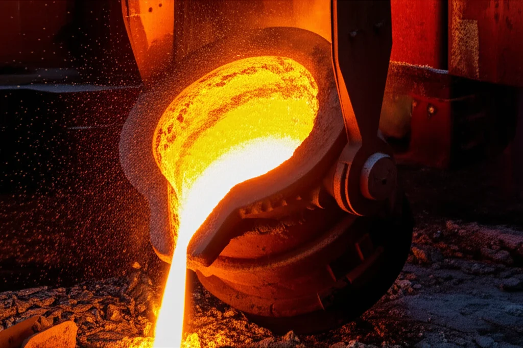 Primo piano di acciaio fuso che viene versato da una siviera in uno stampo, obiettivo macro 100mm, alta risoluzione, colori arancio e giallo intensi del metallo incandescente, scintille che volano, suggerendo un processo industriale di riciclo dell'acciaio con focus sulla trasformazione del materiale.