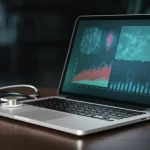 Primo piano di un computer portatile aperto su un tavolo di legno scuro, lo schermo mostra grafici colorati di machine learning e dati medici stilizzati; accanto, uno stetoscopio appoggiato. Illuminazione drammatica laterale, profondità di campo ridotta che sfoca lo sfondo, obiettivo 50mm, stile fotorealistico.