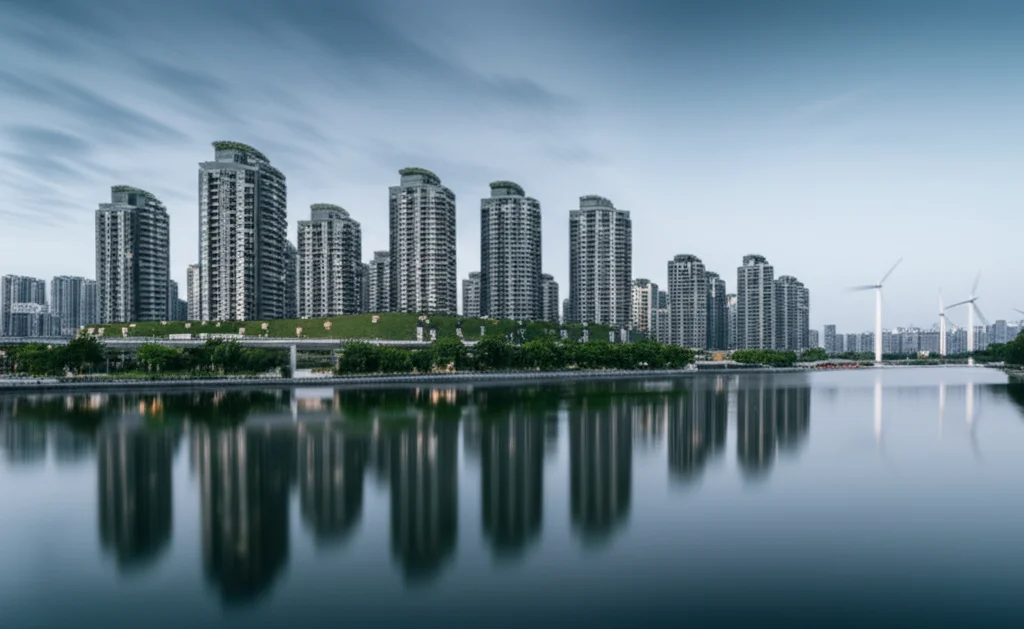 Skyline futuristico di una città cinese all'alba, grandangolo 12mm, con edifici eco-sostenibili ricoperti di verde, turbine eoliche in lontananza e un fiume pulito che riflette il cielo, long exposure per nuvole soffici, sharp focus, simboleggiando la trasformazione low-carbon su larga scala.