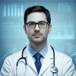 Un medico che analizza un esame del sangue con grafici prognostici sullo sfondo, simboleggiando l'uso dell'IPI per predire l'esito del cancro esofageo, portrait photography, 35mm lens, depth of field, blue and grey duotones.