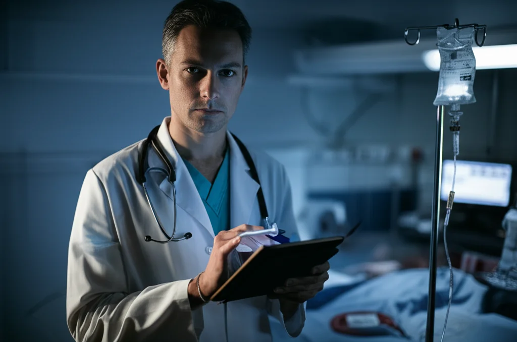 Un medico in terapia intensiva, 35mm portrait, esamina con attenzione i dati di un paziente su un tablet, sullo sfondo monitor con parametri vitali e flebo, luce soffusa da sala operatoria, film noir style, profondità di campo.