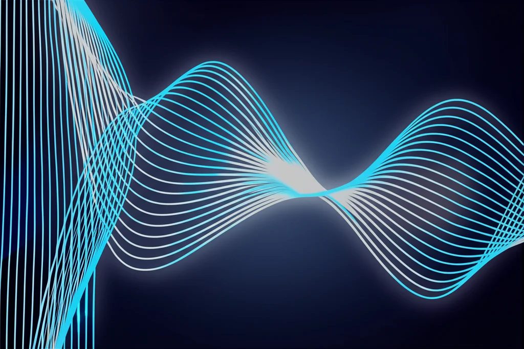 Visualizzazione astratta delle onde cerebrali EEG alfa e beta su uno sfondo scuro, che simboleggia l'attività corticale motoria e l'impatto dell'ansia. Illuminazione controllata, focus nitido sulle onde, stile duotone blu e grigio.